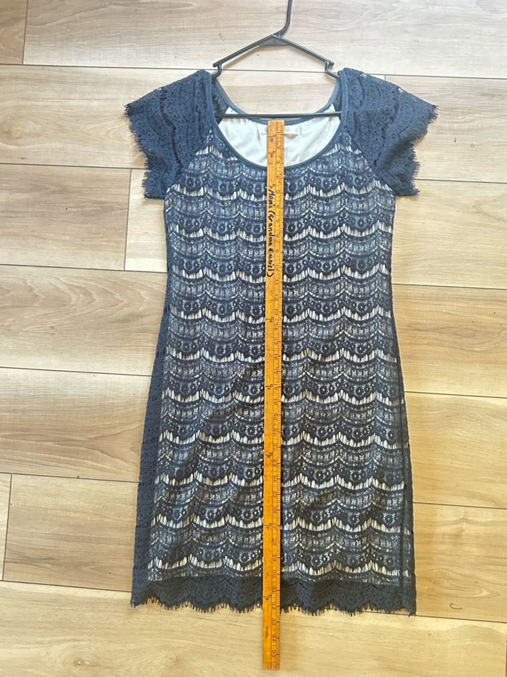 Women Small navy lace overlay scalloped hem mesh short sleeve dress by studio m